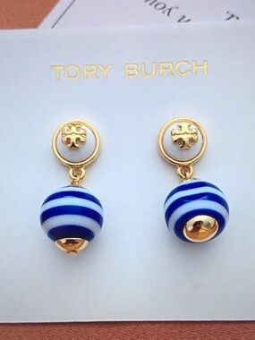 Tory Burch Blue & White Striped Drop Earrings with Gold Accents